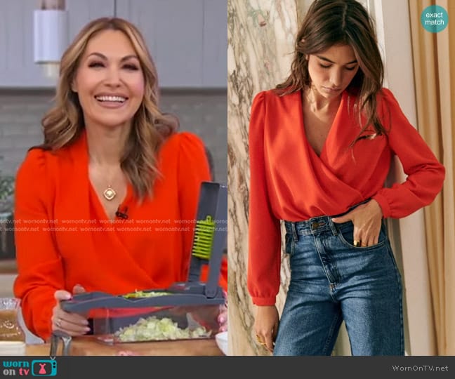 Sezane Abelia Blouse in Orange Red worn by Lori Bergamotto on Good Morning America