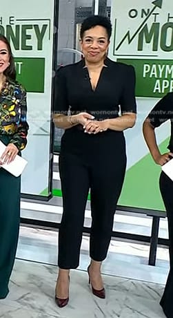 Sharon Epperson’s black v-neck short sleeve jumpsuit on Today