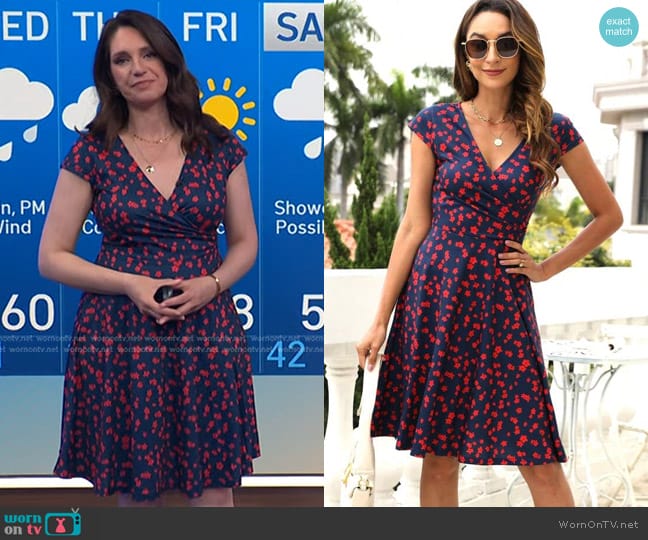 Shein Allover Floral Print Surplice Neck Dress in Navy Blue worn by Maria Larosa on Today