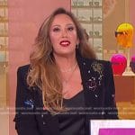 Cheryl Burke’s black embroidered blazer and patch pocket jeans on The Jennifer Hudson Show