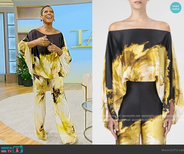 Silvia Tcherassi Bellagio Peony-print satin blouse worn by Tamron Hall on Tamron Hall Show