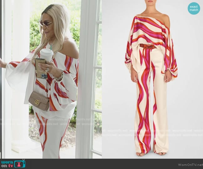 Silvia Tcherassi Bellagio Wave-Print One-Shoulder Silk Blouse worn by Karen Huger on The Real Housewives of Potomac