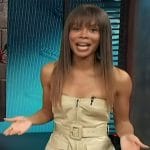 Zuri’s khaki strapless cargo top and pants on Access Hollywood