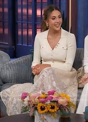 Sophia Stallone's white cardigan and lace maxi skirt on The Kelly Clarkson Show