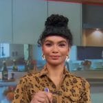 Sophia Roe’s bronw leopard print jumpsuit on Good Morning America