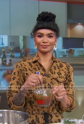 Sophia Roe's bronw leopard print jumpsuit on Good Morning America