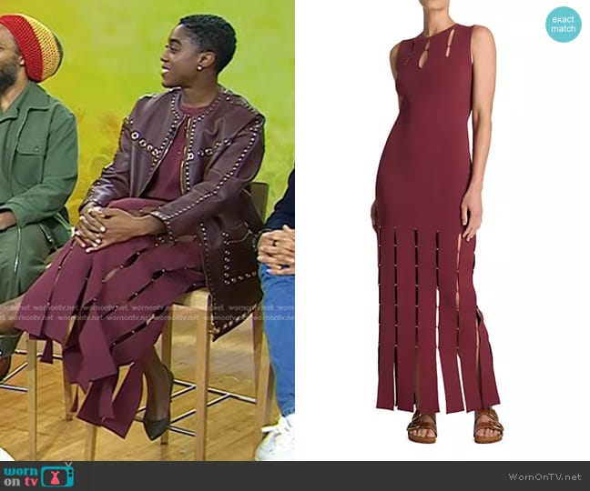 St. John Evening Beaded Knit Gown in Cranberry worn by Lashana Lynch on Today