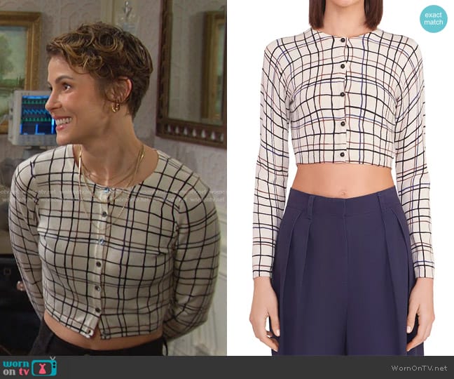 Staud Deanna Cropped Sweater in Creme Draw Plaid worn by Sarah Horton (Linsey Godfrey) on Days of our Lives