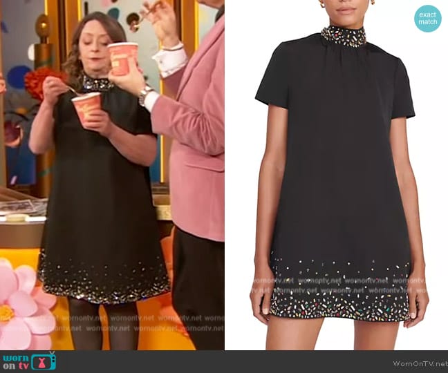 Staud Ilana Embellished Bow-Collar Mini Dress worn by Rachel Dratch on The Drew Barrymore Show