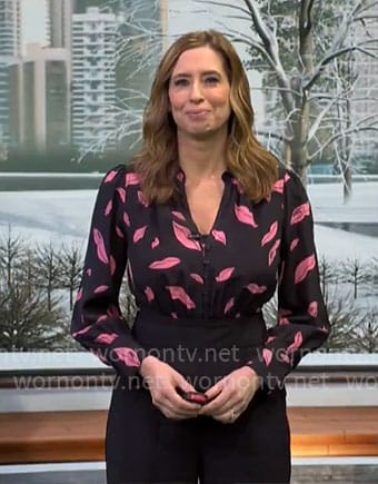 Stephanie Abrams’ black and pink lips print jumpsuit on CBS Mornings