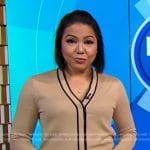 Stephanie’s beige contrast trim cardigan on Good Morning America