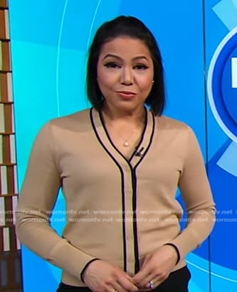 Stephanie’s beige contrast trim cardigan on Good Morning America