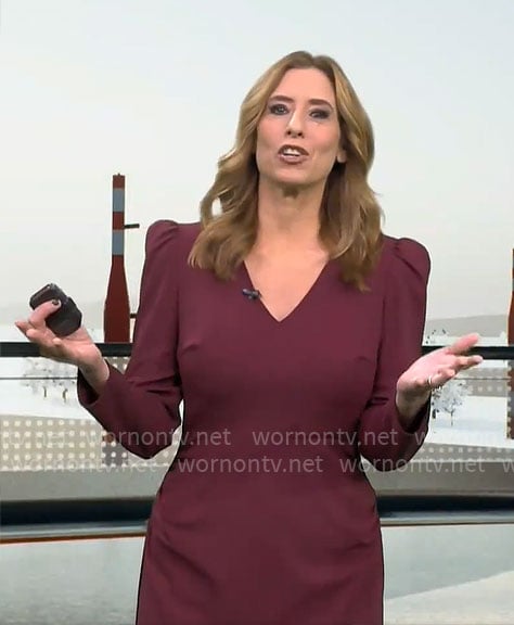 Stephanie Abrams' burgundy v-neck long sleeve dress on CBS Mornings