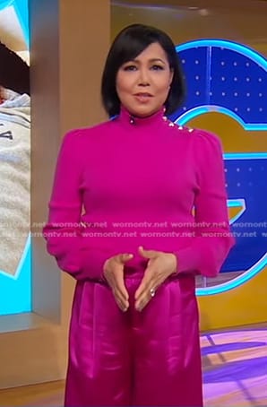 Stephanie’s fuchsia turtleneck sweater and wide-leg pants on Good Morning America