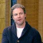 Stephen Amell’s blue knit cardigan on Live with Kelly and Mark