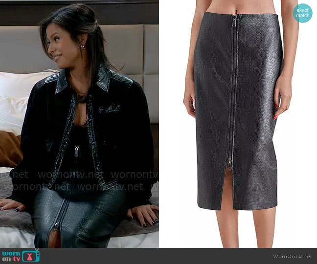 Steve Madden Hayes Faux Leather Midi Skirt worn by Alison 'Blaze' Rogers (Jacqueline Grace Lopez) on General Hospital