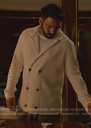 Sunil's white double breasted cardigan on Death and Other Details