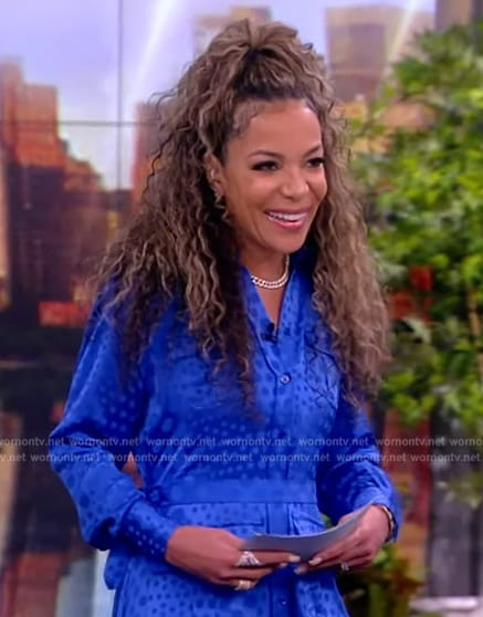 Sunny's blue polka dot print satin shirtdress on The View