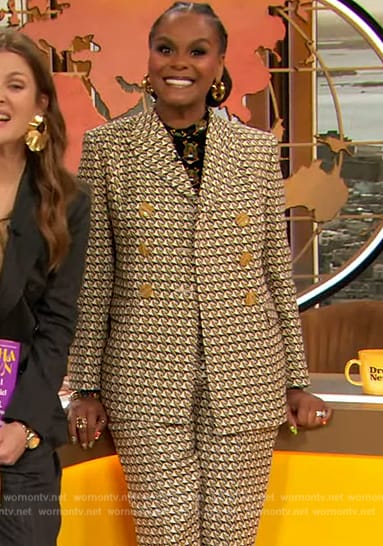 Tabitha Brown's printed blazer and pants on The Drew Barrymore Show