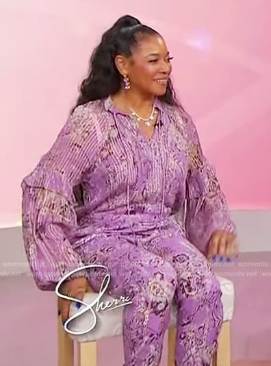 Tamala Jones' purple paisley print jumpsuit on Sherri