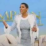 Tamron’s blue tweed fringe dress and jacket on Tamron Hall Show