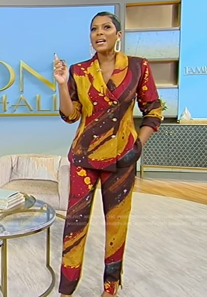 Tamron’s swirl print blazer and pants on Tamron Hall Show