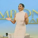 Tamron’s beige sleeveless ribbed dress on Tamron Hall Show