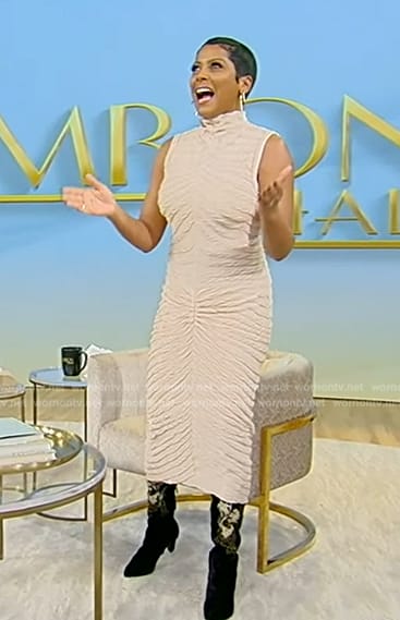 Tamron's beige sleeveless ribbed dress on Tamron Hall Show