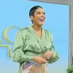 Tamron’s green satin wrap blouse on Tamron Hall Show