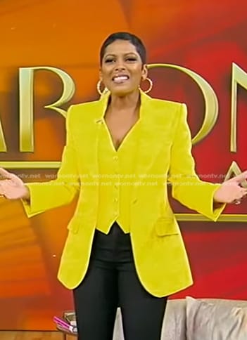 Tamron's yellow jacquard vest and blazer on Tamron Hall Show