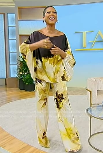 Tamron's printed off shoulder top and pants on Tamron Hall Show