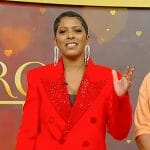 Tamron’s red crystal embellished blazer and pants on Tamron Hall Show