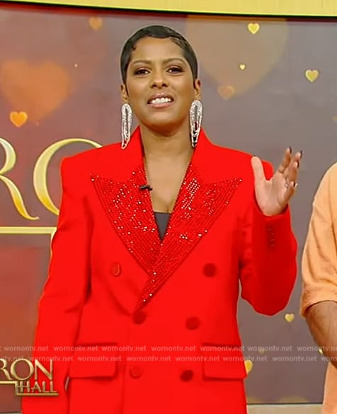 Tamron's red crystal embellished blazer and pants on Tamron Hall Show