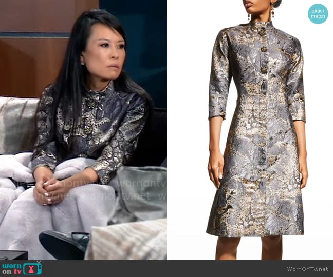 Rickie Freeman by Teri Jon Metallic Jacquard Bejeweled-Button Dress worn by Selina Wu (Lydia Look) on General Hospital