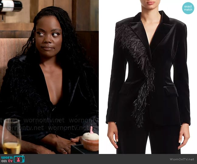 Teri Jon by Rickie Freeman Feather Trimmed Velvet Blazer worn by Sabrina Hollins (Novi Brown) on Tyler Perrys Sistas