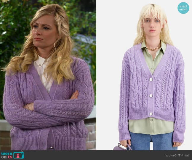 The Kooples Cable Knit Cardigan in Violet worn by Gemma (Beth Behrs) on The Neighborhood