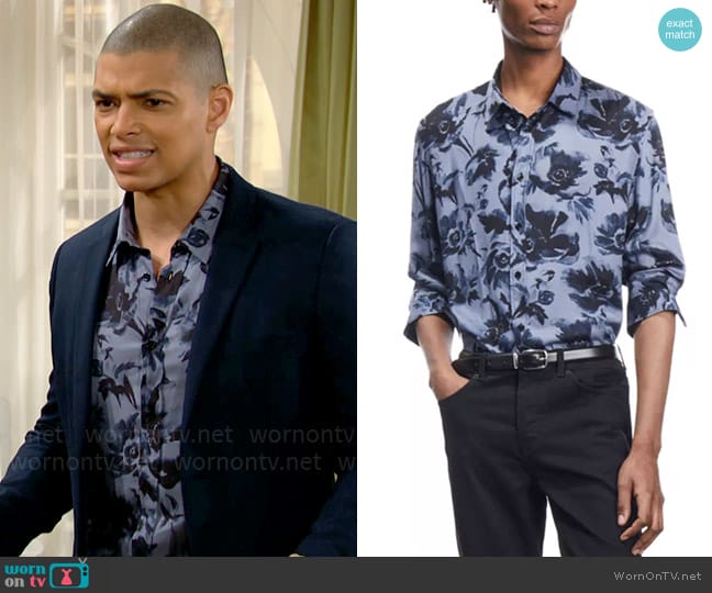 The Kooples Watercolor Garden Long Sleeve Button Front Shirt worn by Zende Forrester Dominguez (Delon De Metz) on The Bold and the Beautiful