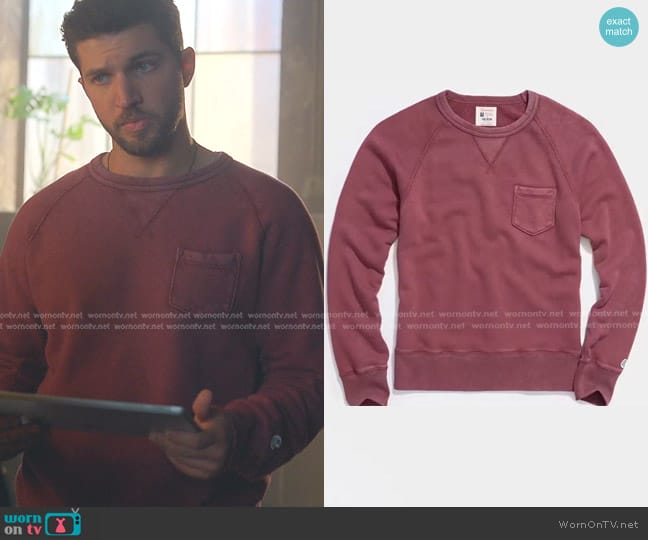 Todd Snyder + Champion Midweight Pocket Sweatshirt in Beetroot worn by Joaquin Peréz  (Bryan Craig) on Good Trouble