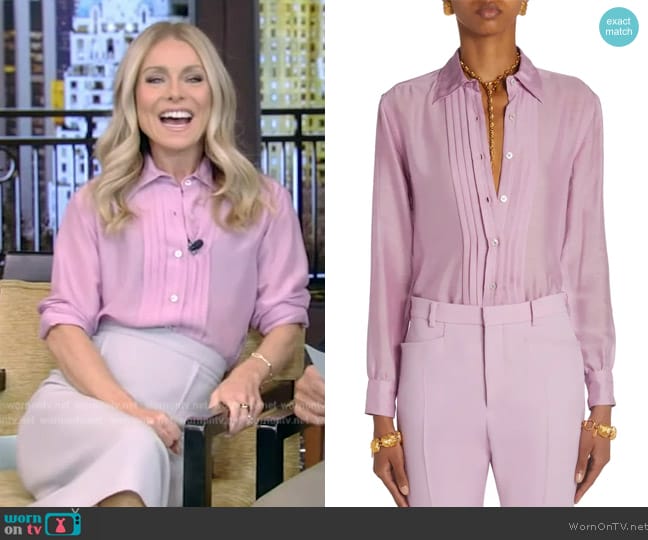 Tom Ford Pleated Silk Batiste Button-Up Shirt worn by Kelly Ripa on Live with Kelly and Mark