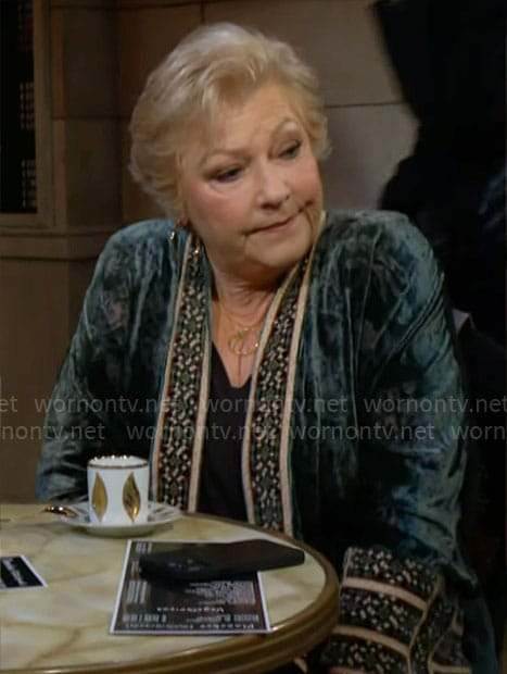 Traci's green embroidered velvet jacket on The Young and the Restless