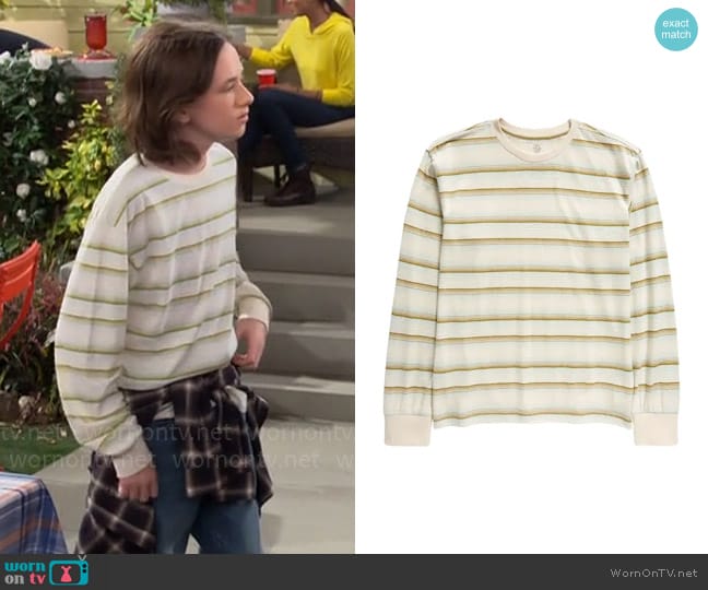 Treasure & Bond Kids' Stripe Long Sleeve T-Shirt in Ivory Dove- Baja Gradient worn by Grover Johnson (Hank Greenspan) on The Neighborhood