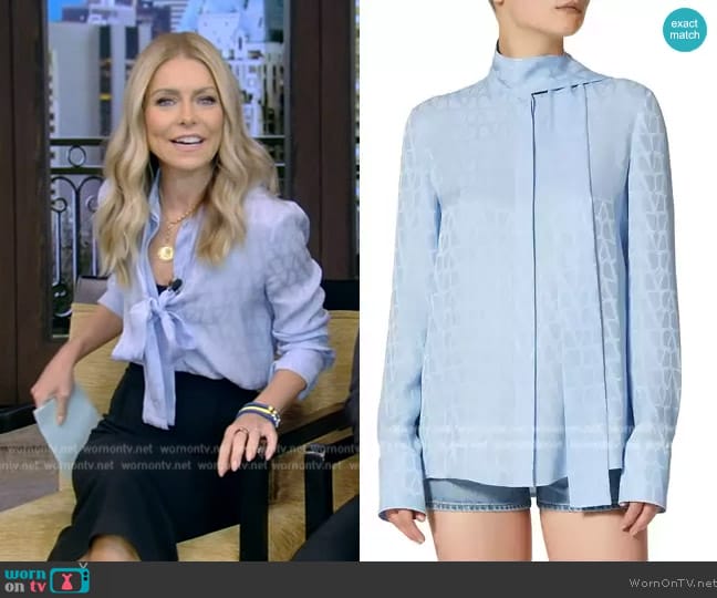 Kelly’s blue tie neck blouse on Live with Kelly