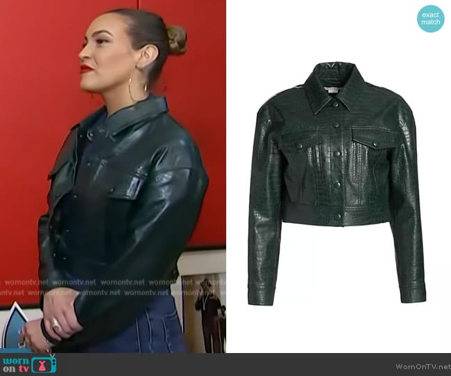 Veronica Beard Hendrix Cropped Vegan Leather Jacket worn by Emily Orozco on Access Hollywood