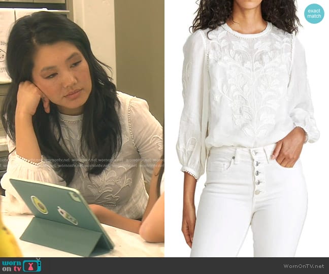 Veronica Beard Mayana Embroidered Blouse in White worn by Crystal Kung Minkoff on The Real Housewives of Beverly Hills