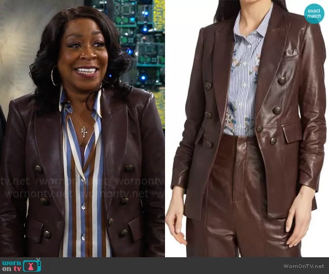 Veronica Beard Oneta Dickey Double-Breasted Leather Blazer worn by Tina Butler (Tichina Arnold) on The Neighborhood