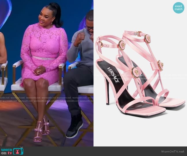 Versace Embellished Satin Sandals worn by Vivica A. Fox on Good Morning America