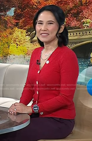 Vicky's red v-neck cardigan on Today