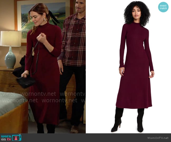 Vince Long Sleeve Mock Neck Dress in Cassis worn by Victoria Newman (Amelia Heinle) on The Young and the Restless