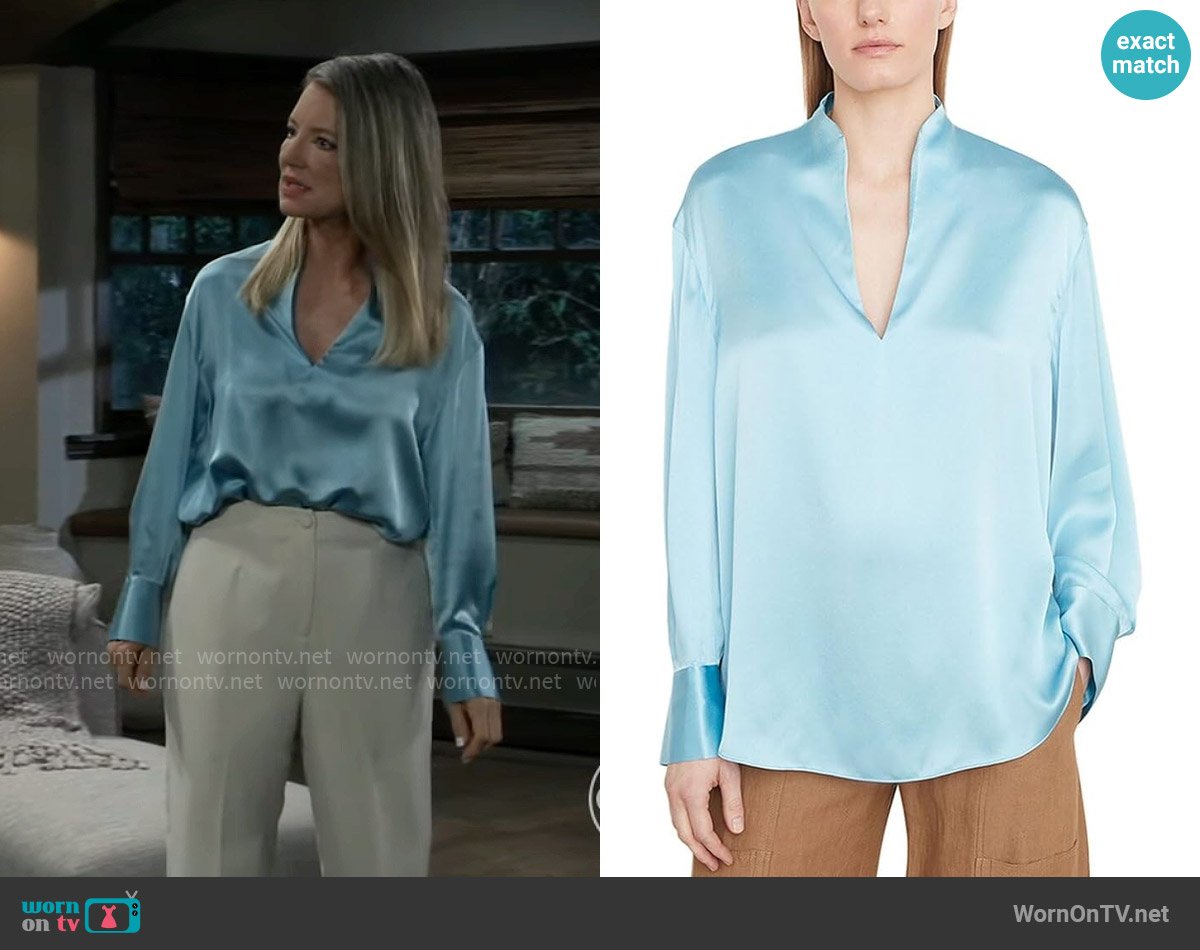 Vince Slit Neck Silk Blouse worn by Nina Reeves (Cynthia Watros) on General Hospital