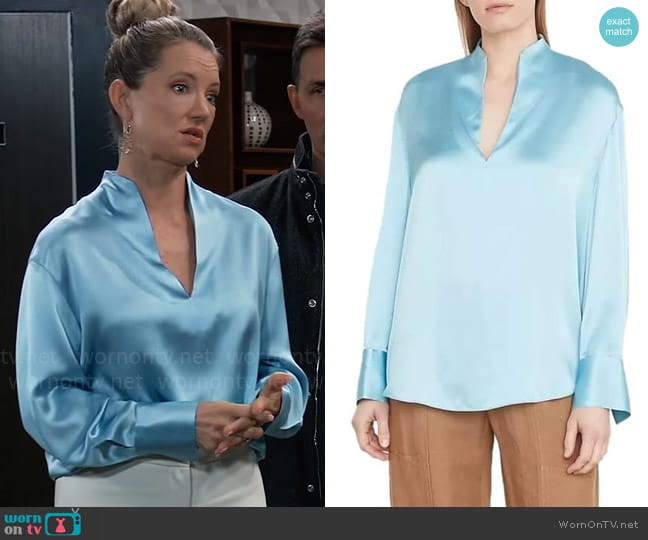 Vince Slit Neck Silk Blouse worn by Nina Reeves (Cynthia Watros) on General Hospital